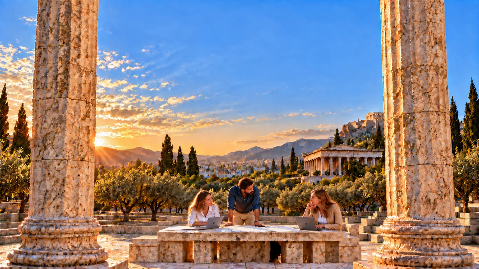 Marina, Lara, and Rafael discuss a product launch around a marble table in a Greek agora at sunset.