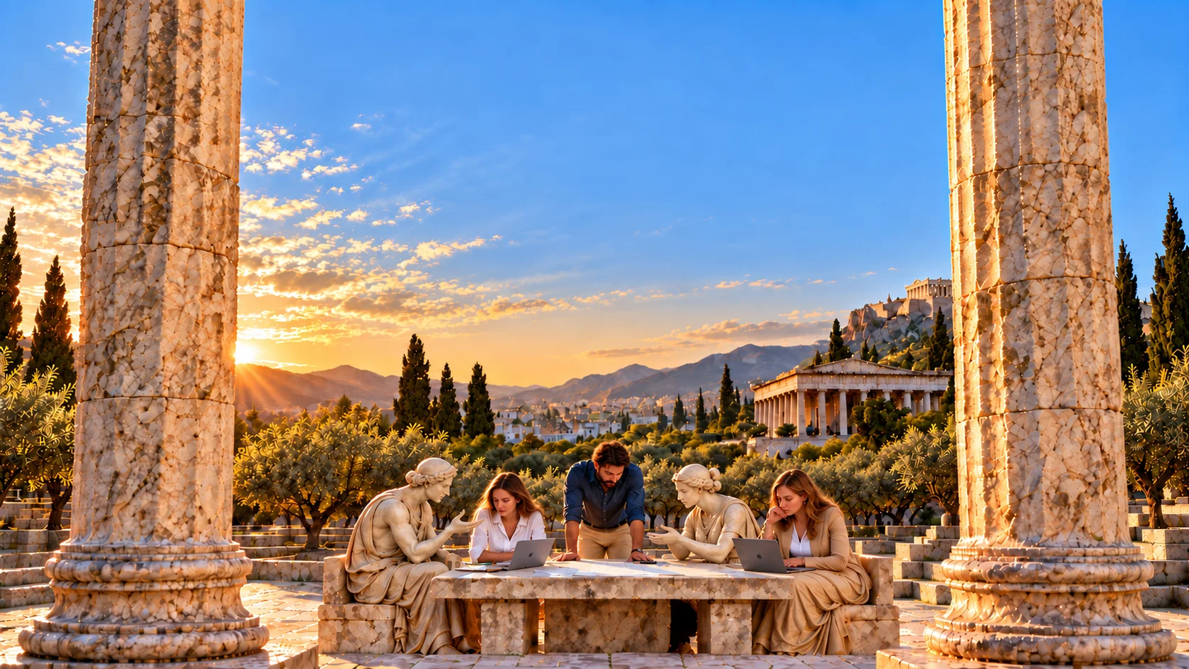 Marina, Lara, and Rafael plan a product launch with the AI agents Athena and Hypatia around a marble table in a Greek agora at sunset.